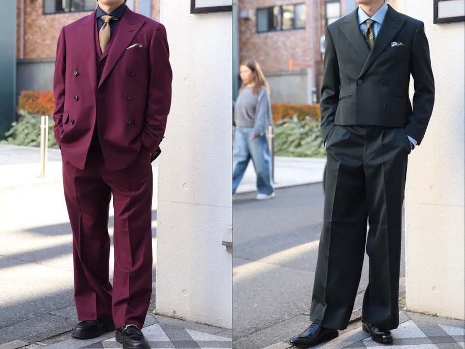 オーバーサイズスーツ　ワインレッドスーツ　グリーンスーツ　カーキスーツ　成人式スーツ